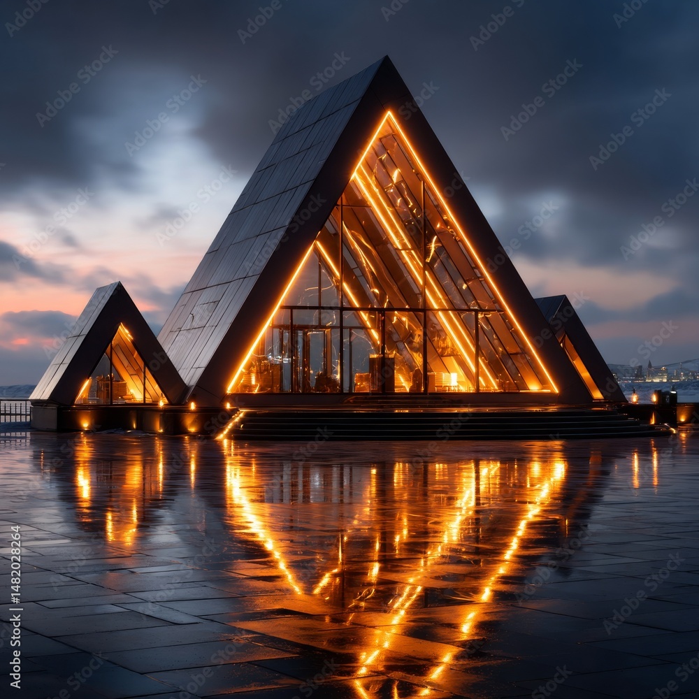 Aufkleber illuminated pyramidal structures reflect on wet pavement at dusk, an architectural marvel of light a