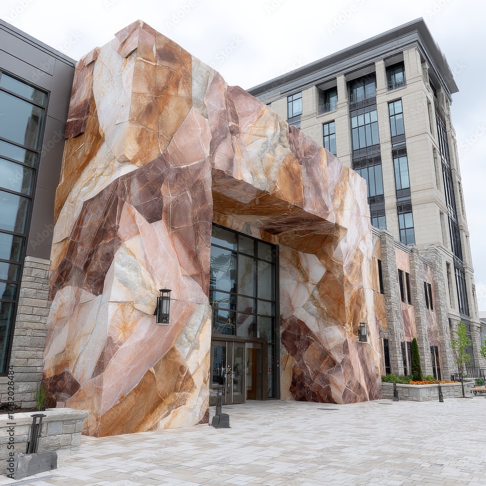 Poster impressive stone facade: modern building design with natural rock entrance and elegant architecture