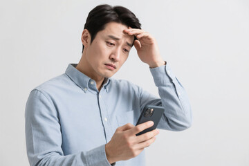 스마트폰을 보고 걱정하는 남성