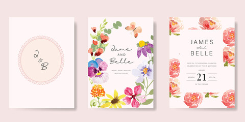 Elegant wedding invitation card background vector. Minimal hand painted watercolor botanical flowers texture template background. Design illustration for wedding, vip cover, poster, rsvp modern card.