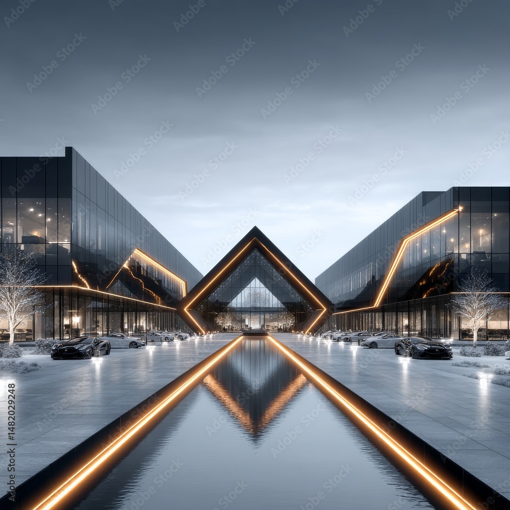 Aufkleber modern architecture: illuminated reflection pool leading to a geometric structure, enhancing the amb