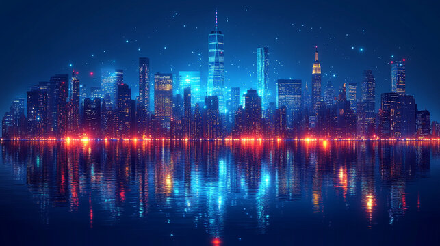 Futuristic New York City skyline at night, reflected in water, with glowing lights and digital effects.