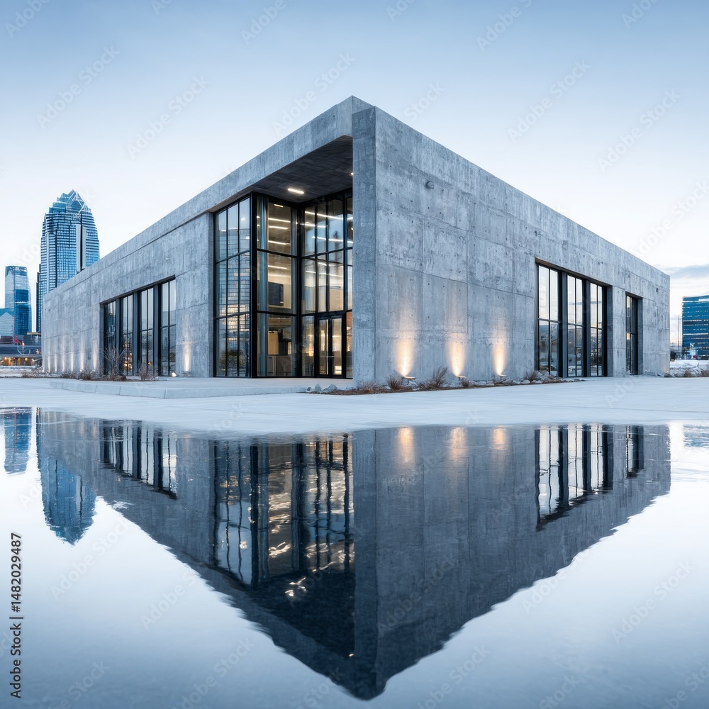 Aufkleber modern concrete building reflections at twilight: minimalist architecture in urban setting with city