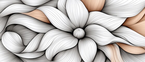 Abstract floral design with layered, textured white petals, accented by tan and dark outlines