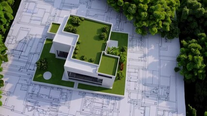 Architectural model of modern eco house with green roof placed on blueprint surrounded by 3D trees, concept of sustainable design - Powered by Adobe