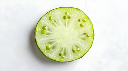 Close-up of a lime slice, displaying its vibrant green flesh and tiny seeds arranged in a circular pattern.  Fresh, juicy citrus fruit, cut in half, showing the interior details