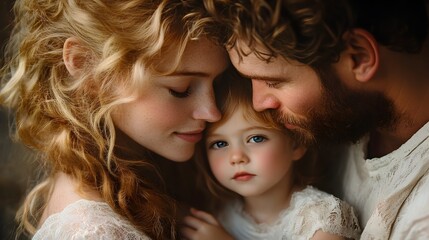 Obraz premium A loving family portrait shows a young couple tenderly embracing their adorable toddler daughter in a heartwarming close-up shot.