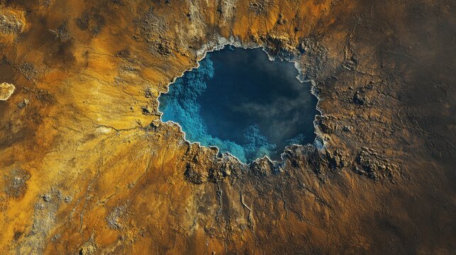 Aerial View Blue Geothermal Pool Golden Volcanic Landscape Hot Top Art Rock High Teal Deep Earth
