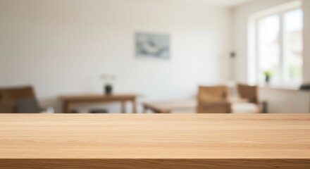 Empty Wooden Table Top Blurred Living Room Background