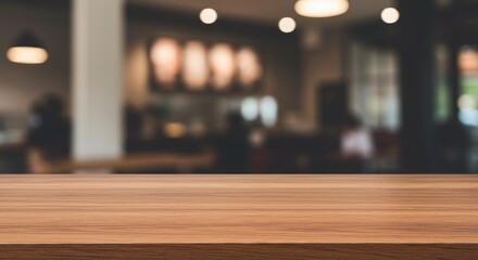 Empty Wooden Table Top Blurred Cafe Restaurant Background Photo