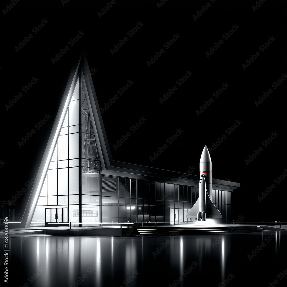 Poster sleek modern architecture and rocket: a futuristic vision in monochrome, reflections in the dark bac