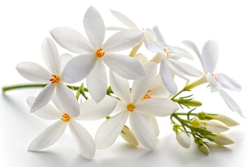 Fototapeta premium Isolated against white, a pristine white orchid blossom, a symbol of tropical beauty, reveals its delicate petals in a captivating closeup