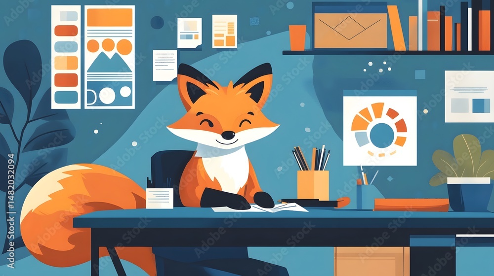 Poster graphic designer fox working on logo and branding projects in minimalist workspace
