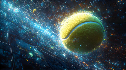 Energetic tennis ball in a futuristic cityscape.