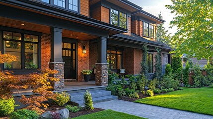 Obraz premium A house exterior focusing on the entrance porch and walkway.