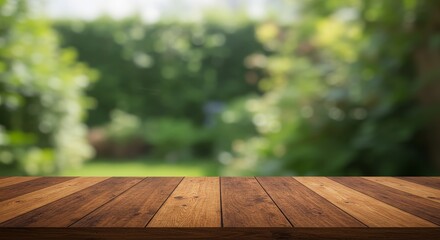 Fototapeta premium Empty Wooden Table With Blurred Garden Background