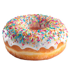 A delightful donut with a generous layer of white frosting and a colorful array of sprinkles on a dark backdrop.