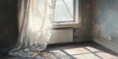 Sunlight filtering through lace curtains illuminating room