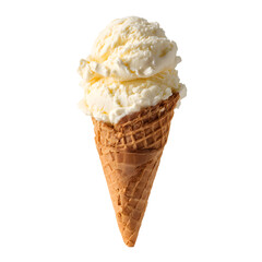 Double scoop of vanilla ice cream in a waffle cone, isolated against a black backdrop. Sweet summertime treat.