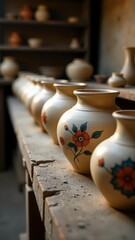 Handcrafted ceramic vases with floral designs in sunlit artisan workshop.