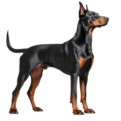 A proud and alert Doberman Pinscher standing tall in profile showcasing on transparent background