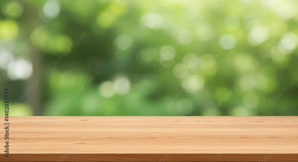 Poster empty wooden table with bokeh green background