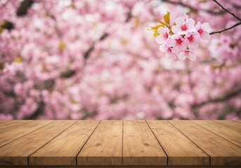 Empty Wooden Table With Cherry Blossom Background