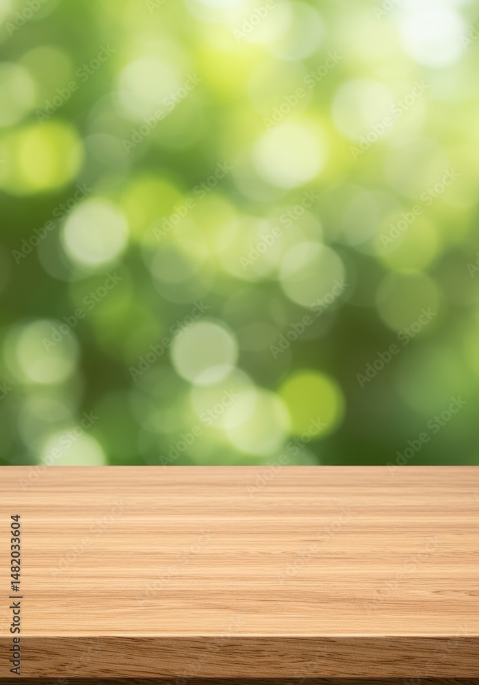 Poster empty wooden table with green bokeh background