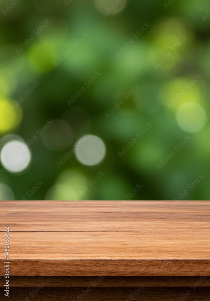 Poster empty wooden table with green bokeh background