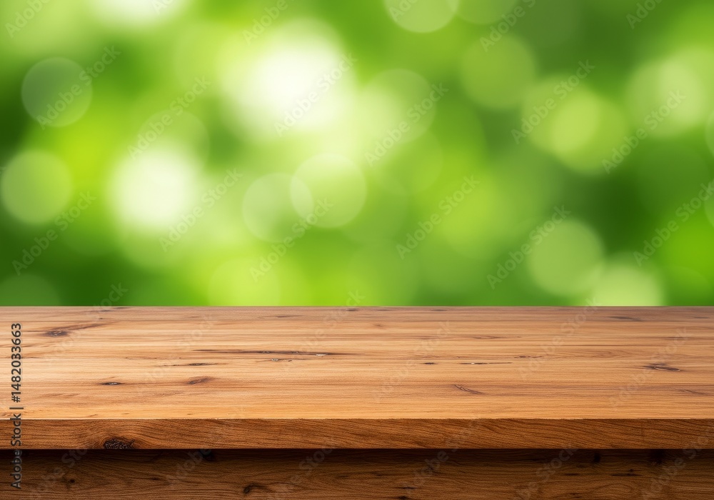 Poster empty wooden table with green bokeh background
