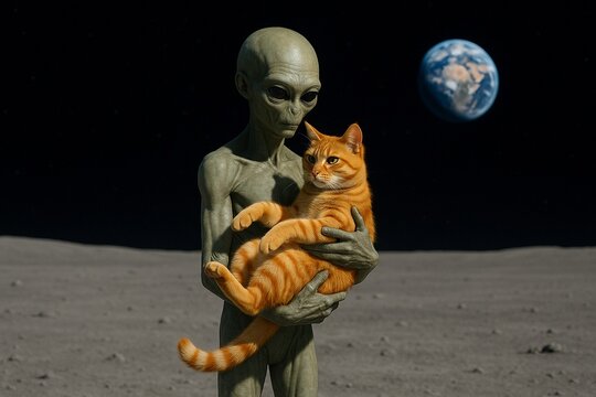 3D alien holding cat