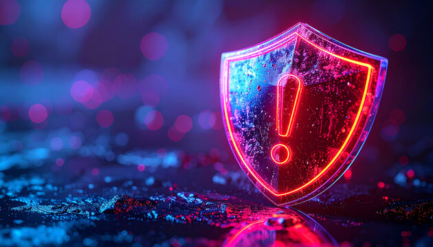 Shield and warning sign with exclamation mark. Neon glow. Cybersecurity Alert. Technology concept