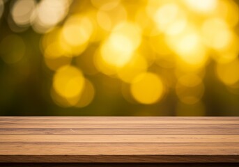 Empty Wooden Table with Yellow Bokeh Background