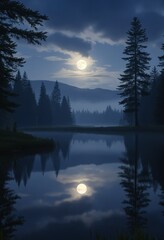 Fototapeta premium Serene Night Landscape with Full Moon Reflection on Calm Lake Forest Silhouettes and Misty At night