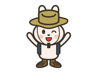 アウトドアウェアを着てバンザイをするかわいいうさぎさんのイラスト