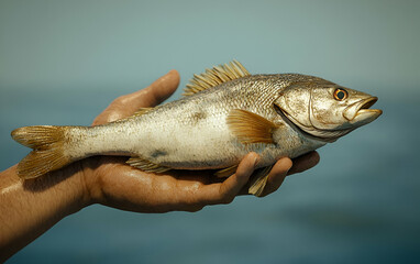 A close-up of a freshly caught fish being held by a hand against a blurred ocean background.