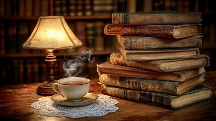 Warm tea, old books, and library ambiance