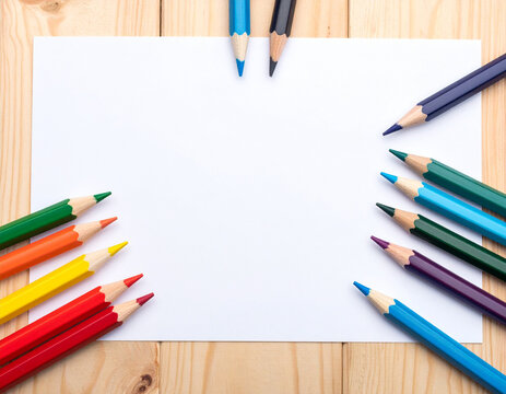 A set of colored pencils arranged in a circular pattern on a blank white surface.