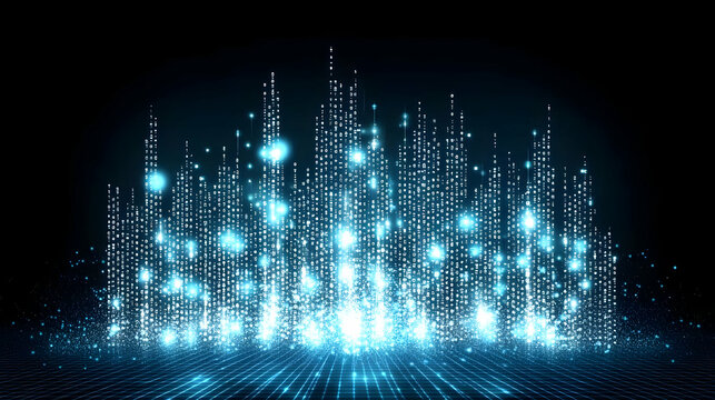 Abstract digital cityscape; glowing binary code buildings on a grid; futuristic technology background.