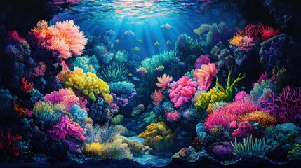 Fototapeta premium Vibrant underwater coral reef with various fish in sunlit ocean