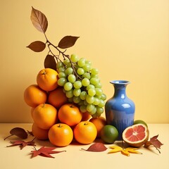 Still life of fruits with vase and leaves