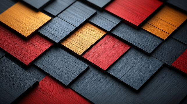 Abstract geometric pattern of layered squares in red, orange, and dark gray.
