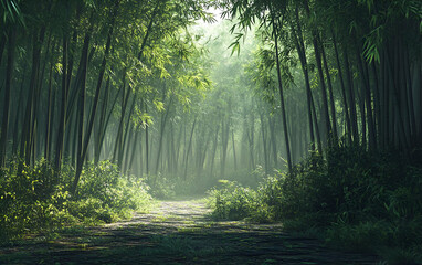 Fototapeta premium A serene bamboo forest pathway, surrounded by lush greenery and soft sunlight filtering through the leaves.