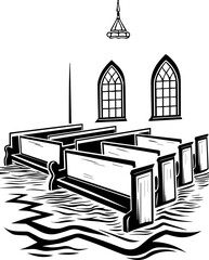 SVG vector featuring skulls with sunken temples theme. Flooded Church Interior with Wooden Pews and Stained Glass Windows