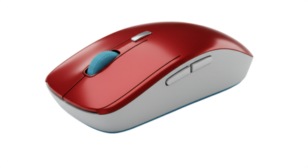 Modern wireless computer mouse in red and gray with blue scroll wheel onIsolated on transparent background
