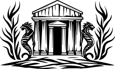 SVG vector featuring skulls with sunken temples theme. Ancient Temple with Mythical Creatures and Decorative Flora Design