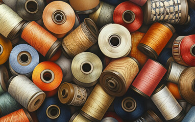 A vibrant collection of colorful spools of thread arranged haphazardly, perfect for any sewing project or craft.