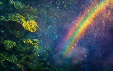 Obraz premium A vibrant rainbow appears after a rain shower, highlighting lush green foliage in a serene natural setting.