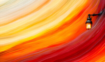 Abstract fiery sunset landscape with a single glowing street lamp, vibrant colors and swirling textures. Perfect for artistic or design projects.