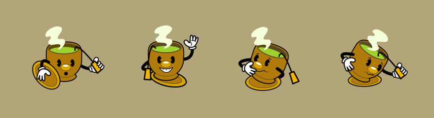 Vector illustration of cute ocha tea cup characters with retro vintage rubberhose style. Expressive emotions: amazed, waving hello, thinking, and confused. Great for stickers, branding, and content.